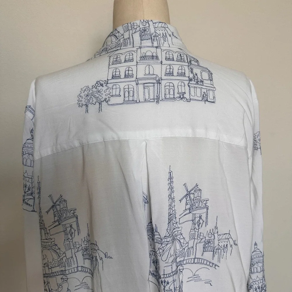 Anthropology Jane + Delancey Paris City Print Button Down Shirt White Blue Sz XL